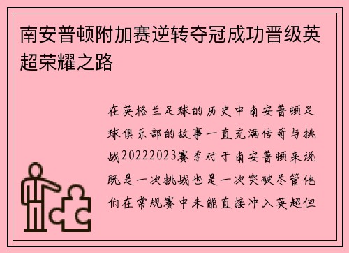 南安普顿附加赛逆转夺冠成功晋级英超荣耀之路